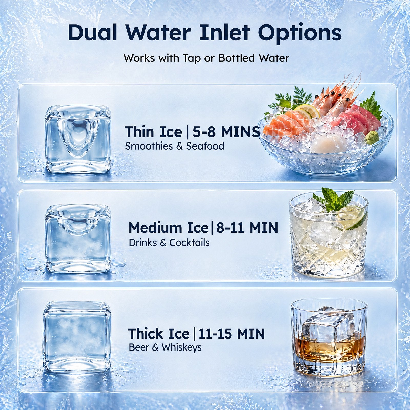 Friwest Commercial Ice Maker Machine, 150 Lbs/24H, 50 Lbs Storage Bin, 45 Cube Square Ice, Adjustable Ice Thickness, Dual Water Inlet Self-cleaning Ice Machine for Bar, Cafe, Shop & Home