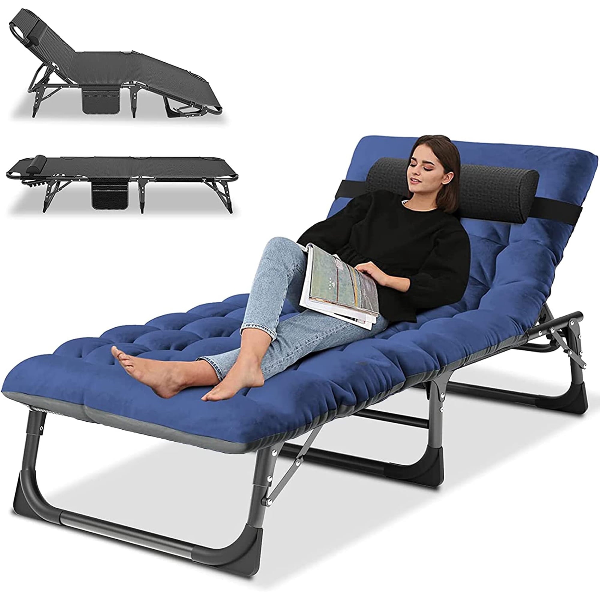 Slsy Portable Folding Camping Cot Bed with 2 Sided Mattress & Pillow, Adjustable 5-Position Folding Lounge Chair, Folding Rollaway Guest Bed