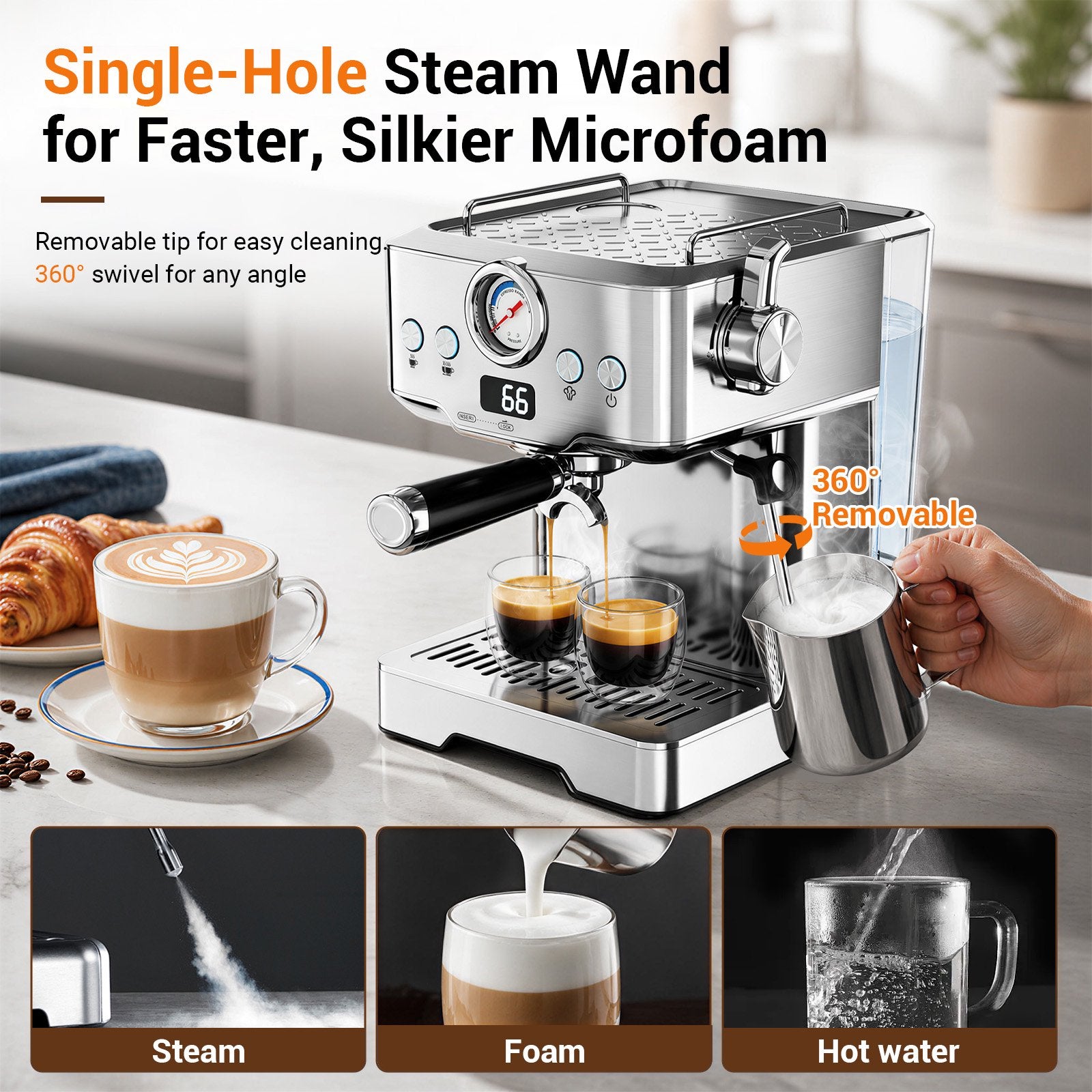 Friwest Espresso Machine with Steam Wand, 20 Bar Coffee Maker, Stainless Steel Espresso Machine for Latte, Cappuccino, Espresso, Ground Coffee & Coffee Pods