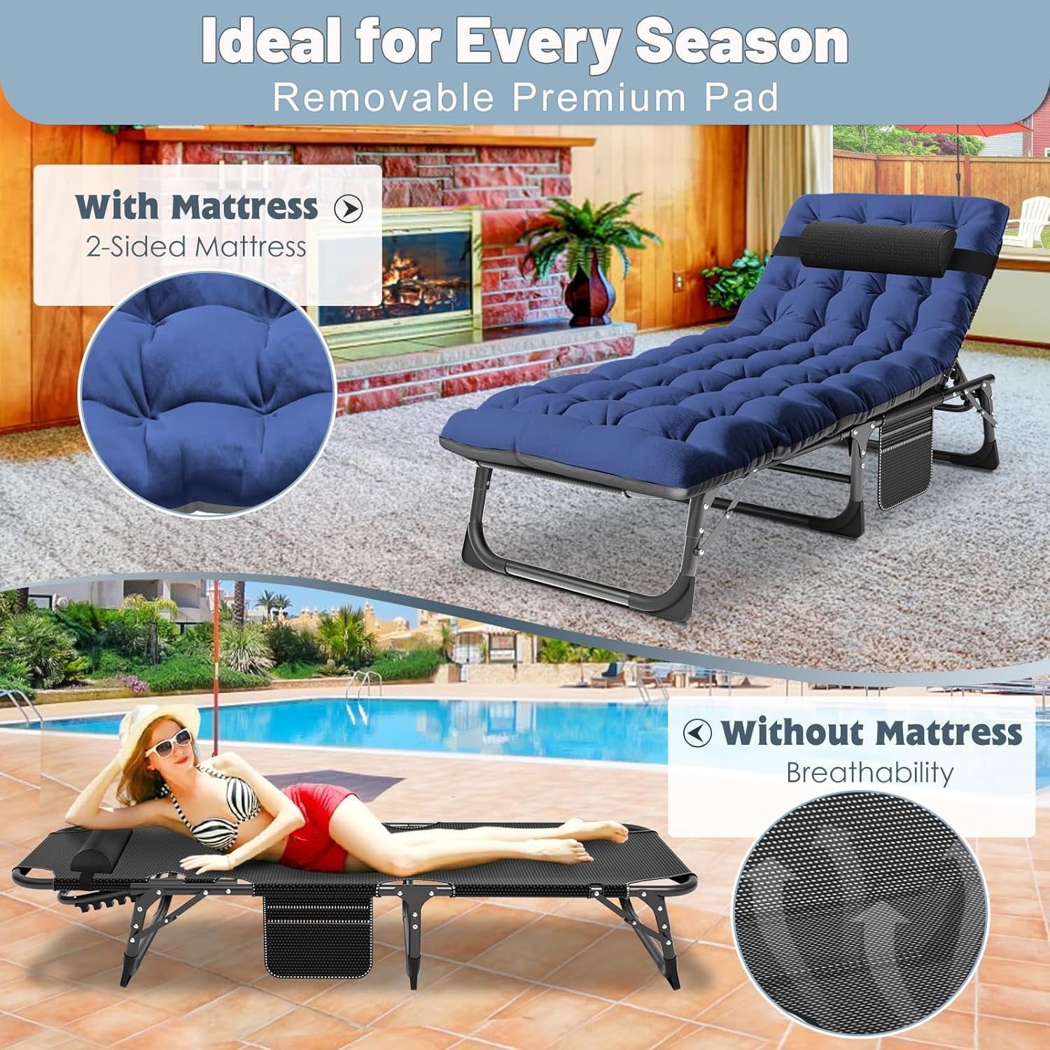 Slsy Folding Lounge Chair, 5-Position Adjustable Outdoor Reclining Chair, Folding Sleeping Bed Cot, Folding Chaise Lounge Chair for Pool Beach Patio Sunbathing
