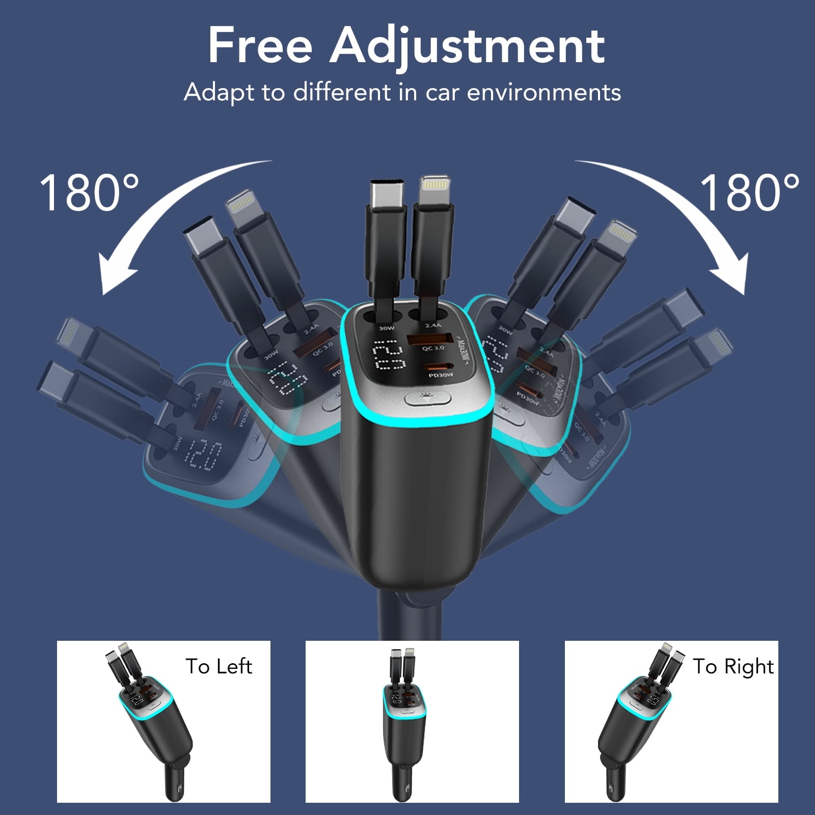 KT1 85W Retractable Car Charger, Fast USB C Charger with 180° Adjustable Arm, PD30W & QC3.0, Compatible for iPhone, iPad, Airpod, Android - Road Trip Essentials