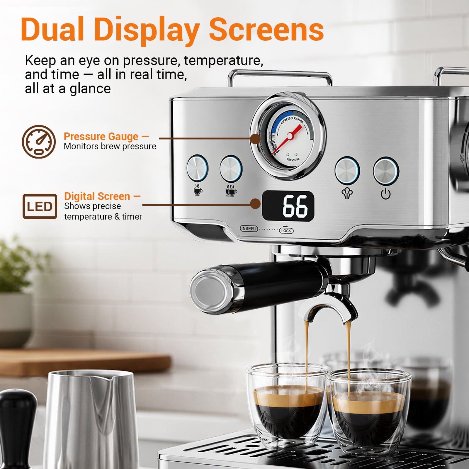 Friwest Espresso Machine with Steam Wand, 20 Bar Coffee Maker, Stainless Steel Espresso Machine for Latte, Cappuccino, Espresso, Ground Coffee & Coffee Pods