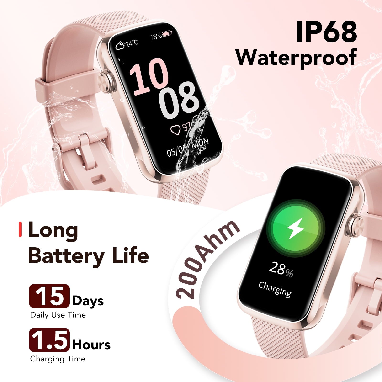 1.47" Fitness Tracker, Smartwatch for Women Men with Multiple Sport Modes Step Counter, Bluetooth Calls (Make/Answer), IP68 Waterproof, Fitness Tracker Compatible with Android and iPhone, Pink