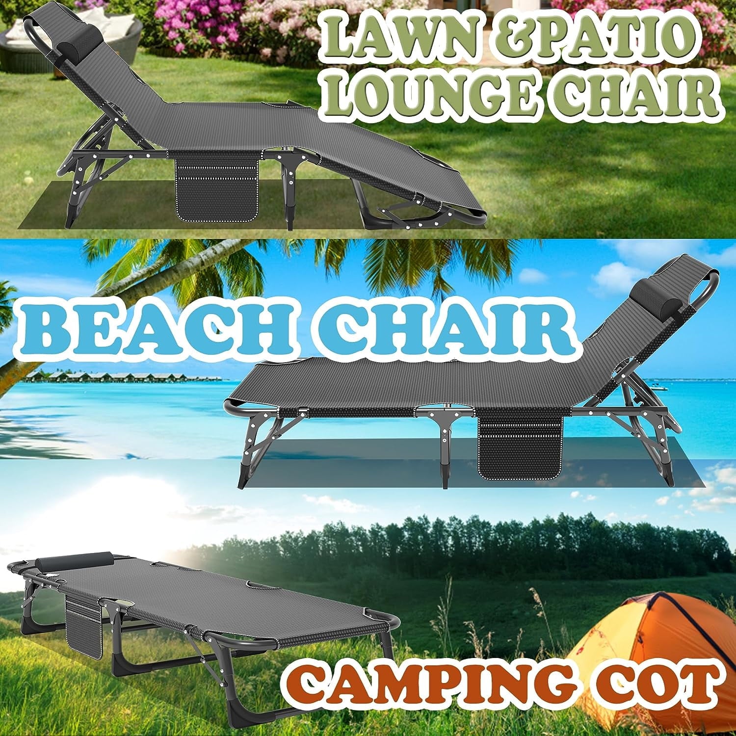 Slsy Portable Folding Camping Cot Bed with 2 Sided Mattress & Pillow, Adjustable 5-Position Folding Lounge Chair, Folding Rollaway Guest Bed
