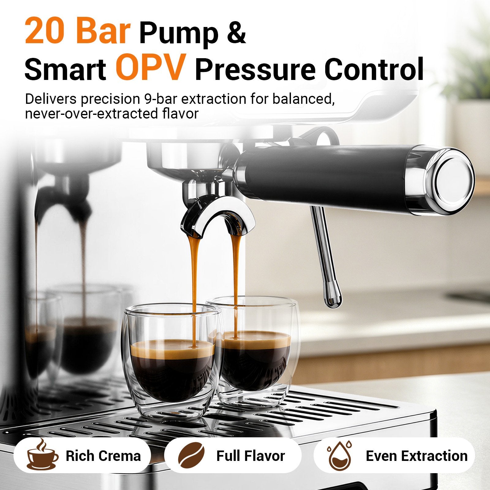 Friwest Espresso Machine with Steam Wand, 20 Bar Coffee Maker, Stainless Steel Espresso Machine for Latte, Cappuccino, Espresso, Ground Coffee & Coffee Pods