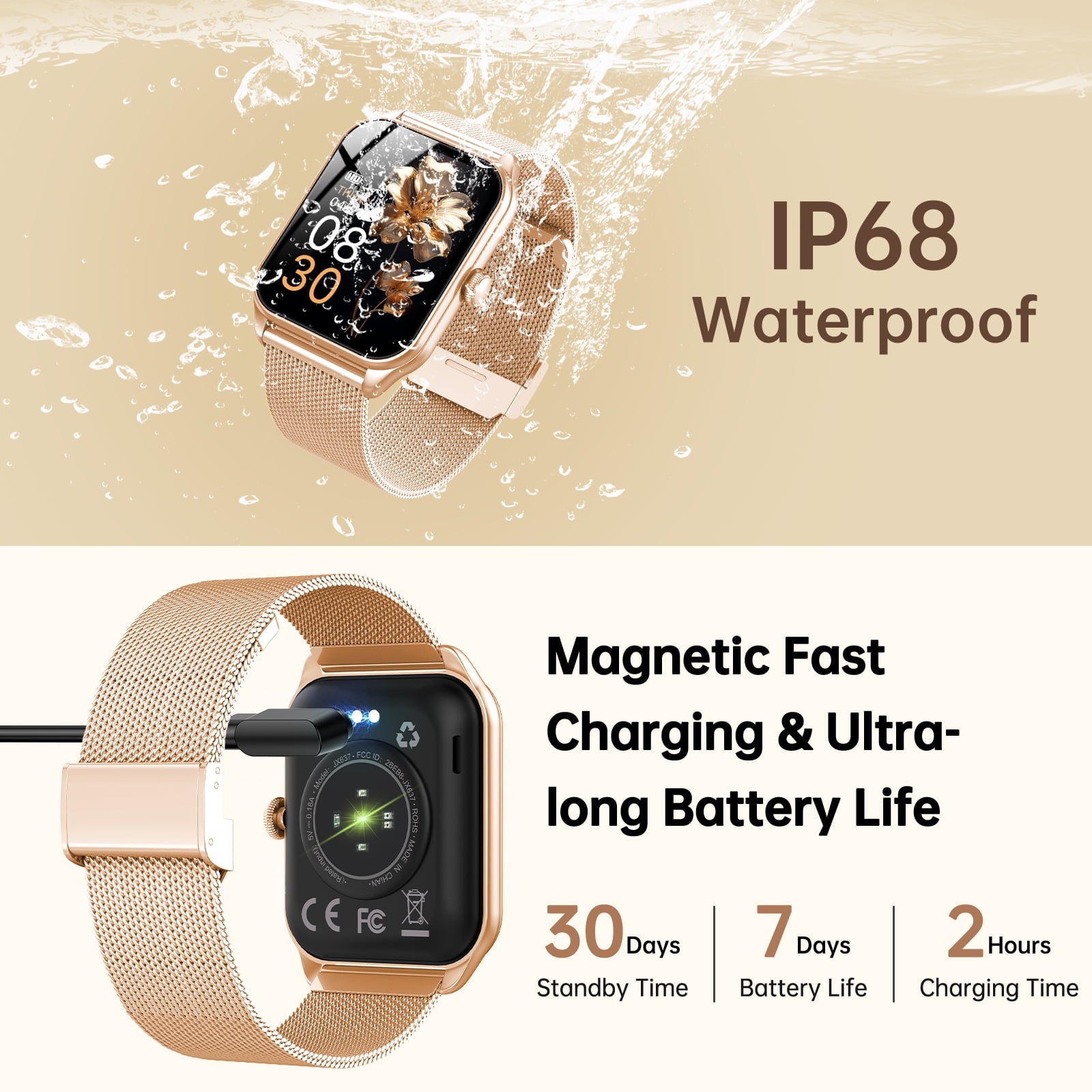 Smart Watch for Women for iPhone Android: 1.83"Smartwatch with Make/Answer Bluetooth Call IP68 Waterproof Smart Watch 120+Sport Mode 200+ Dials Fitness Tracker 2 Bands Gold Pink