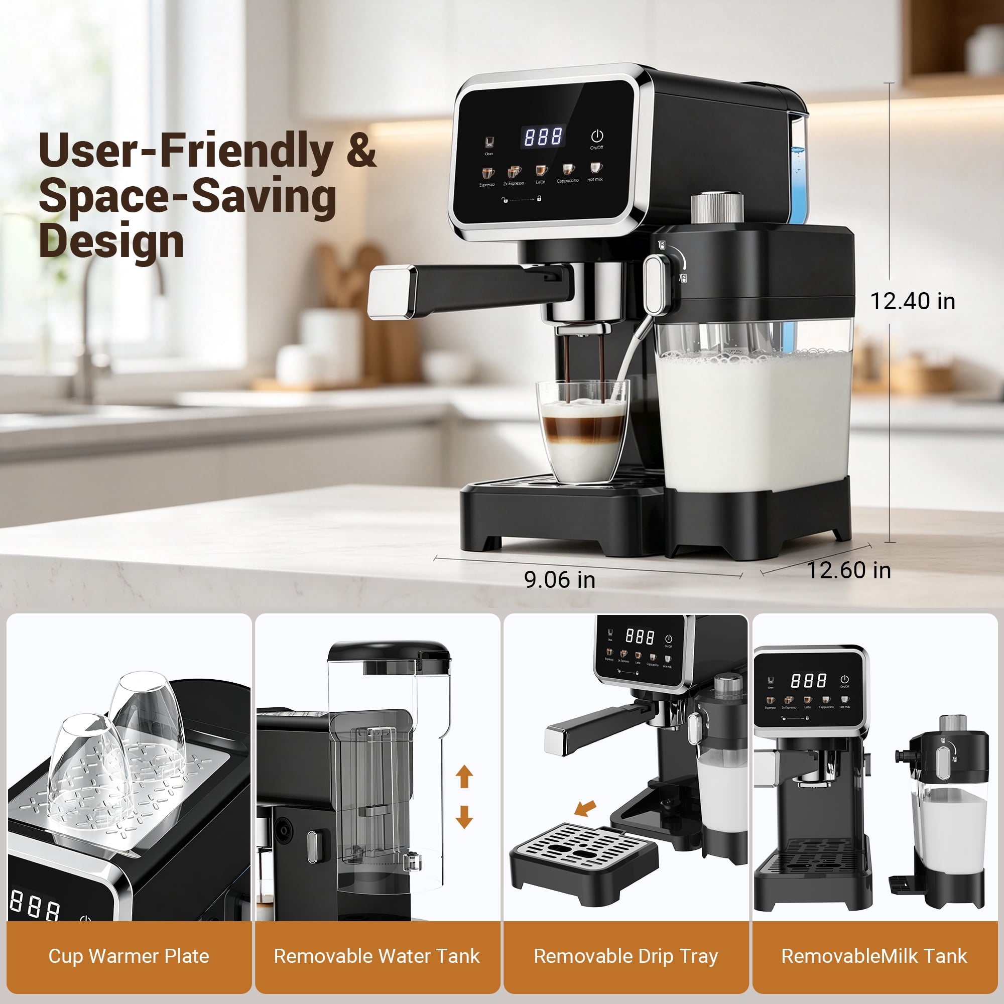Friwest Espresso Machine 20 Bar, Super Compact Espresso Maker with Touch Screen, Professional Coffee Machine, Automatic Milk Frother for Cappuccino