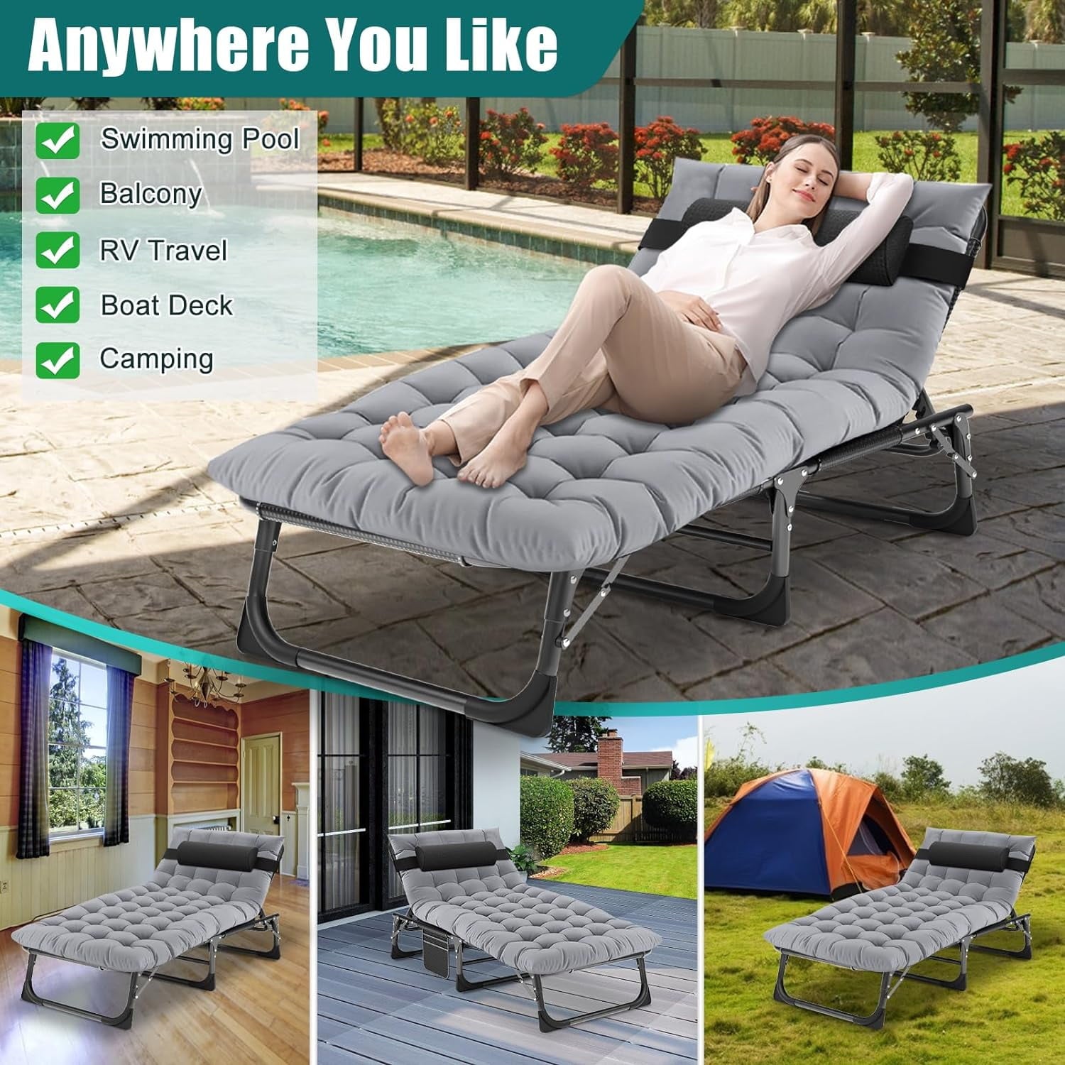 Slsy Folding Lounge Chair, 5-Position Adjustable Outdoor Reclining Chair, Folding Sleeping Bed Cot, Folding Chaise Lounge Chair for Pool Beach Patio Sunbathing