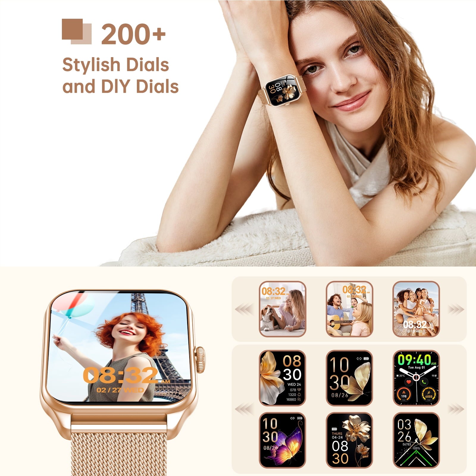 Smart Watch for Women for iPhone Android: 1.83"Smartwatch with Make/Answer Bluetooth Call IP68 Waterproof Smart Watch 120+Sport Mode 200+ Dials Fitness Tracker 2 Bands Gold Pink
