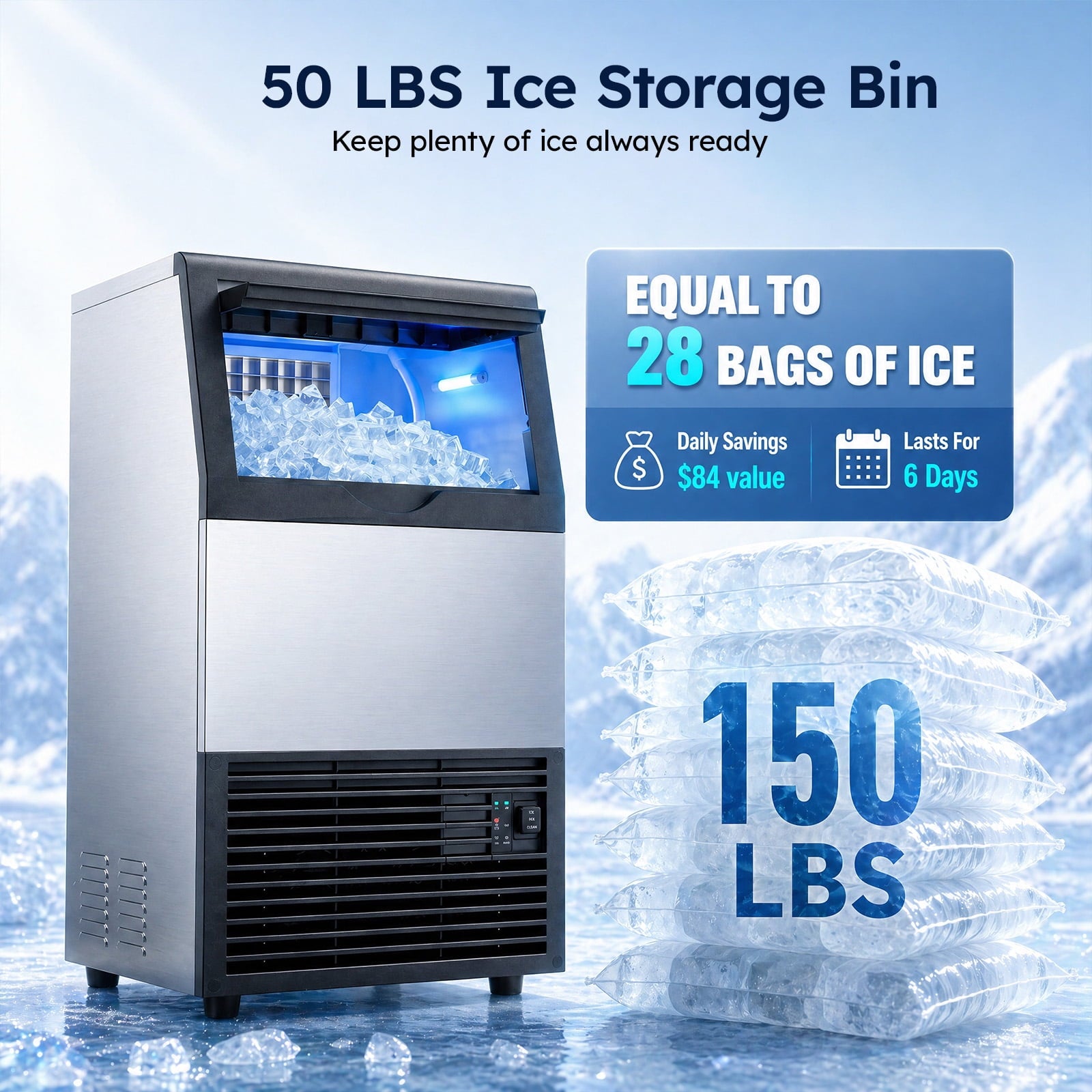 Friwest Commercial Ice Maker Machine, 150 Lbs/24H, 50 Lbs Storage Bin, 45 Cube Square Ice, Adjustable Ice Thickness, Dual Water Inlet Self-cleaning Ice Machine for Bar, Cafe, Shop & Home