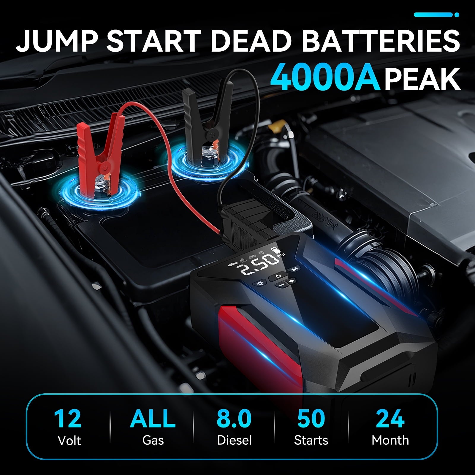 8-in-1 Emergency Jump Starter & Tire Inflator – 4000A Peak for Gas/Diesel Engines, 150PSI Auto-Stop Air Compressor, LED Light + Power Bank | All-Climate (-40°F) Roadside Savior