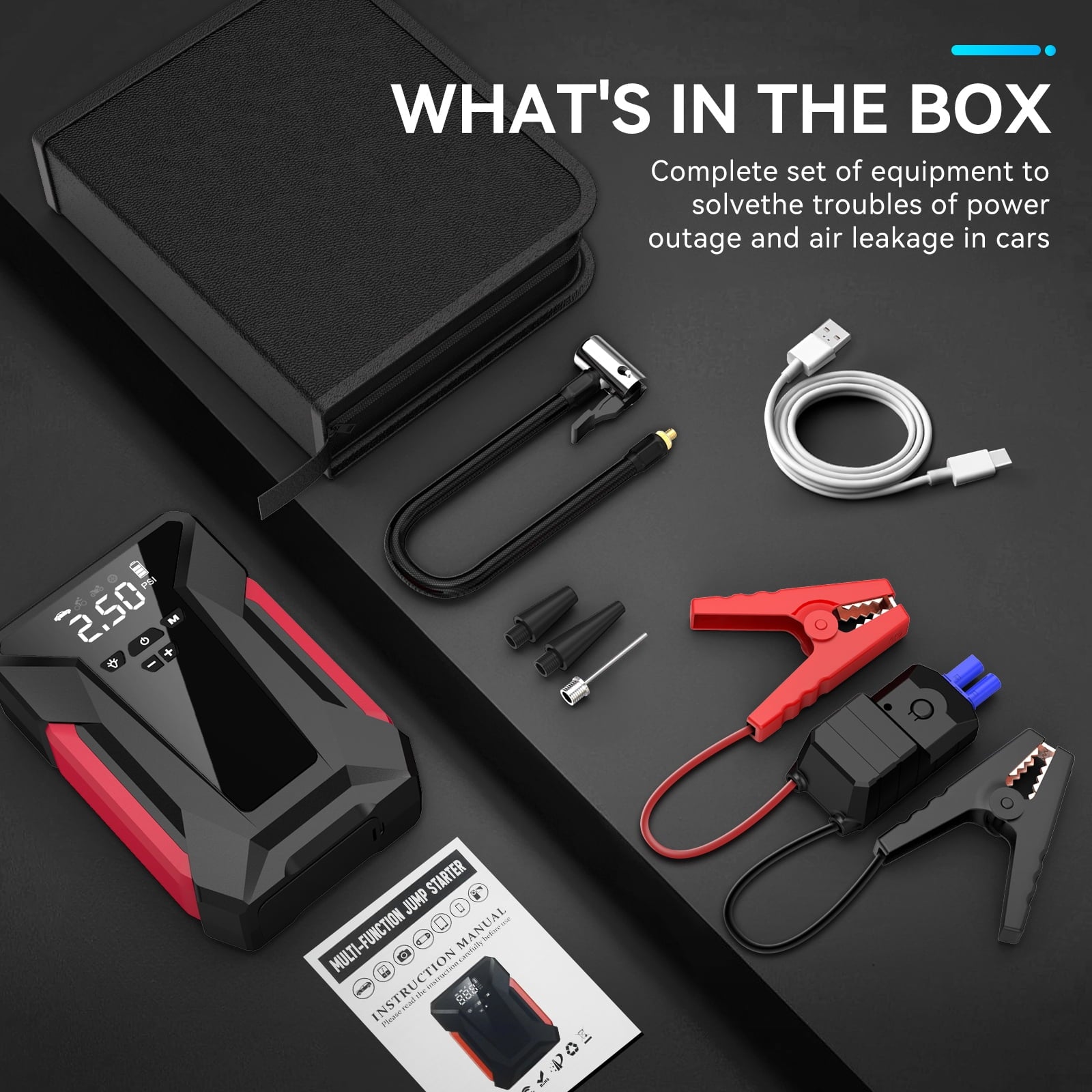 8-in-1 Emergency Jump Starter & Tire Inflator – 4000A Peak for Gas/Diesel Engines, 150PSI Auto-Stop Air Compressor, LED Light + Power Bank | All-Climate (-40°F) Roadside Savior