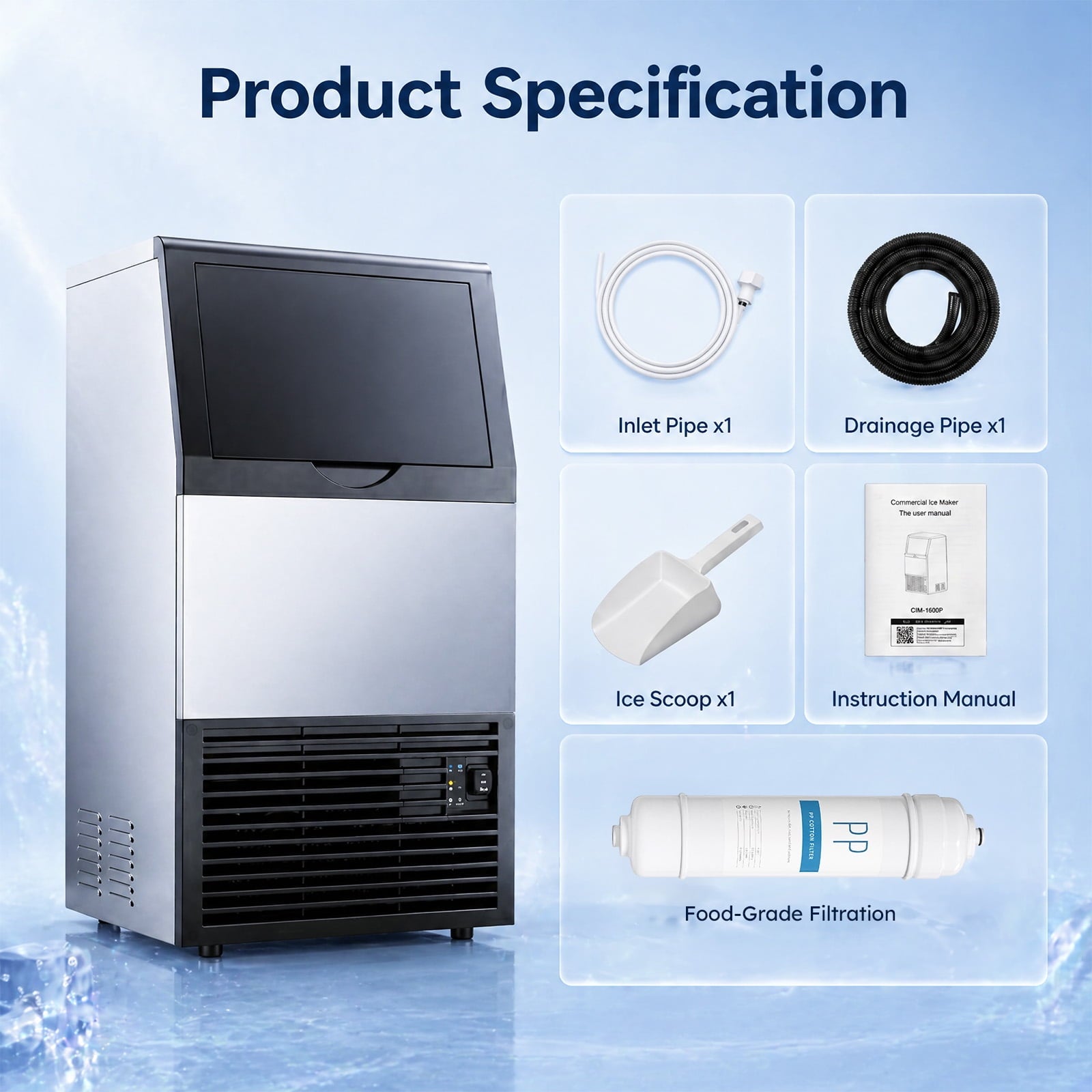 Friwest Commercial Ice Maker Machine, 150 Lbs/24H, 50 Lbs Storage Bin, 45 Cube Square Ice, Adjustable Ice Thickness, Dual Water Inlet Self-cleaning Ice Machine for Bar, Cafe, Shop & Home