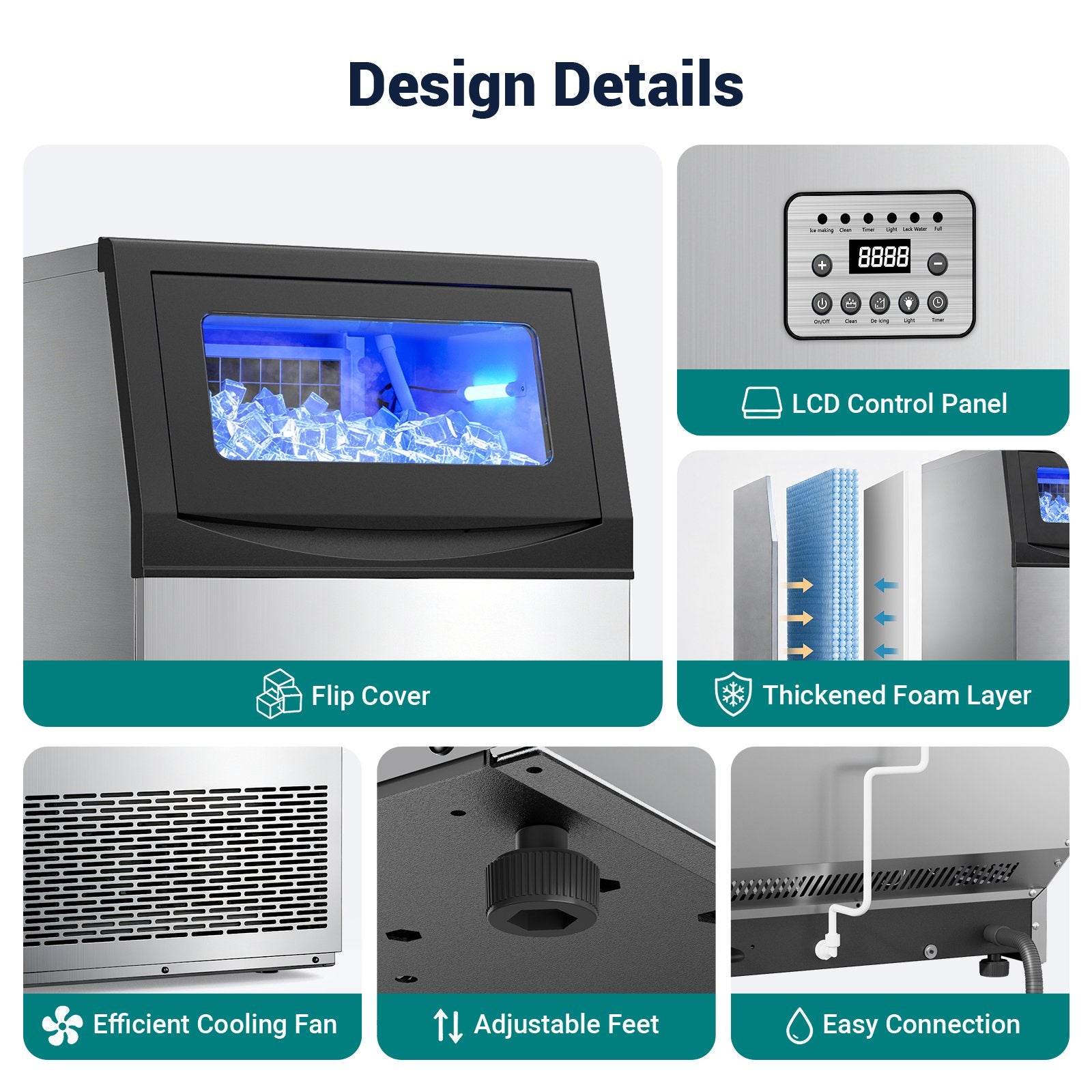 Friwest Commercial Ice Maker Machine,200 Lbs/24H with 33 Lbs Storage, 55-Cube Square Ice Maker, 15-Min First Batch, Self-Filling Water System, Stainless Steel Ice Machine for Restaurant, Bar & Shop