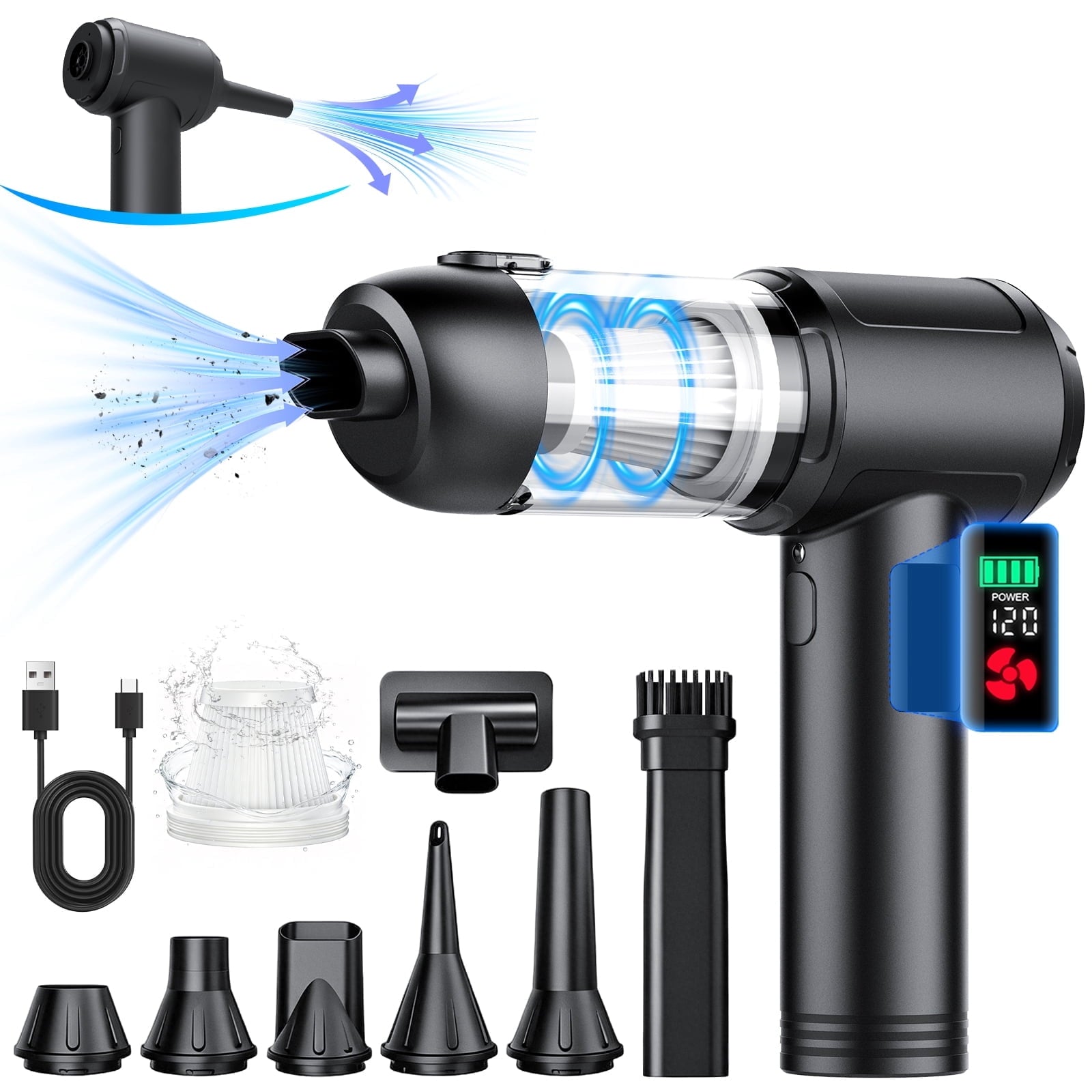 Cordless Car Vacuum with LED Display Screen, 180000RPM 2-in-1 Handheld Vacuum & Air Duster, 120W Brushless Motor, Multi-Nozzles for Car Home Office Pet Hair
