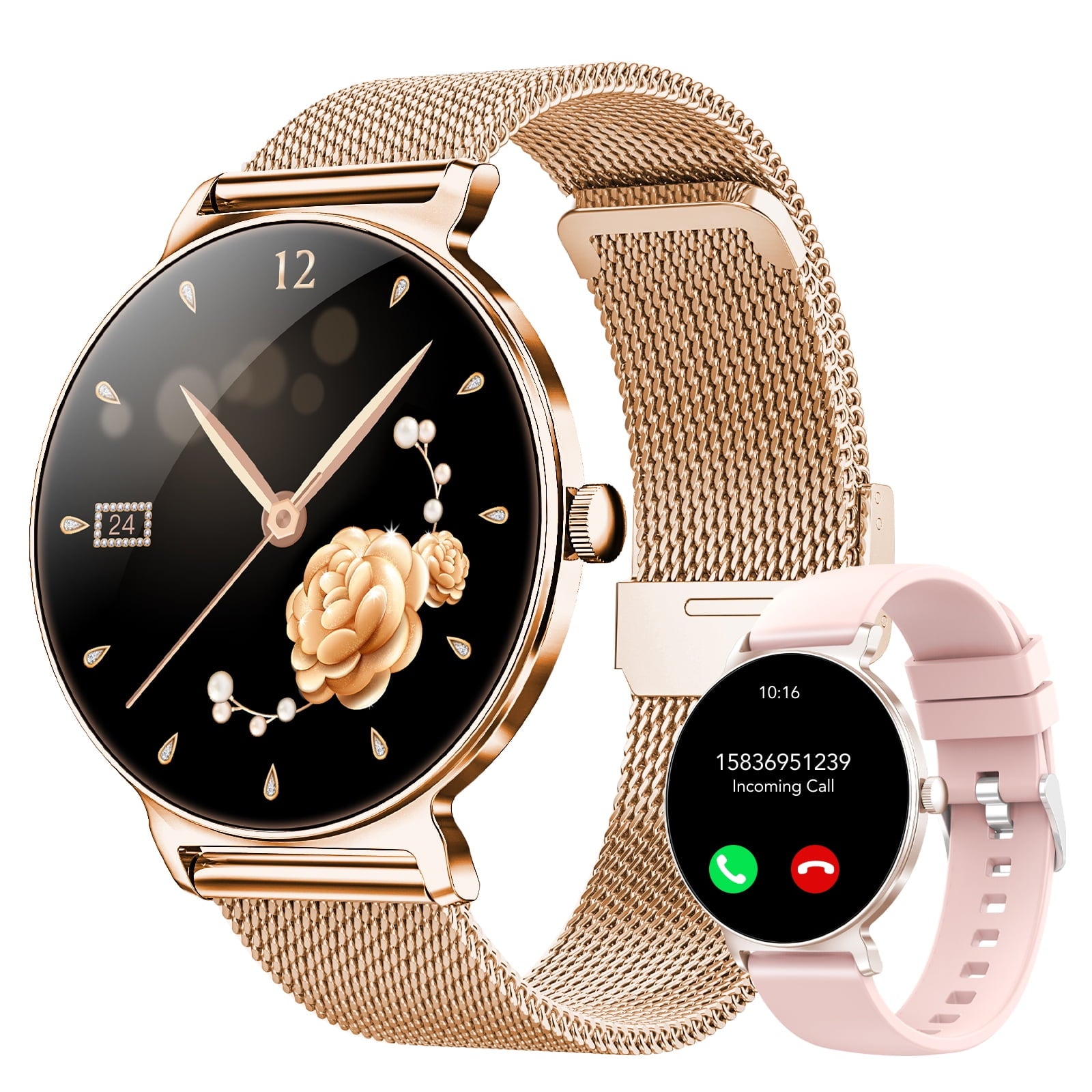 Smart Watch for Women, 1.27" Thin Face Fitness Tracker with Bluetooth Calls(Answer&Make), Smart Watch Fits for Android and iPhone, IP68 Waterproof, 110+ Sport Modes Smartwatch (2 Strap), Pink