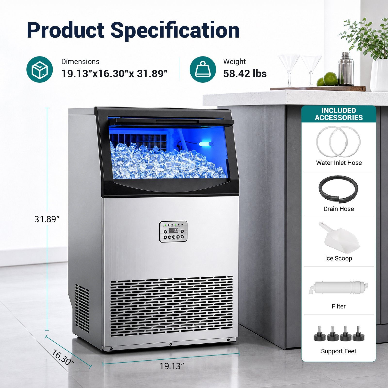 Friwest Commercial Ice Maker Machine,200 Lbs/24H with 33 Lbs Storage, 55-Cube Square Ice Maker, 15-Min First Batch, Self-Filling Water System, Stainless Steel Ice Machine for Restaurant, Bar & Shop