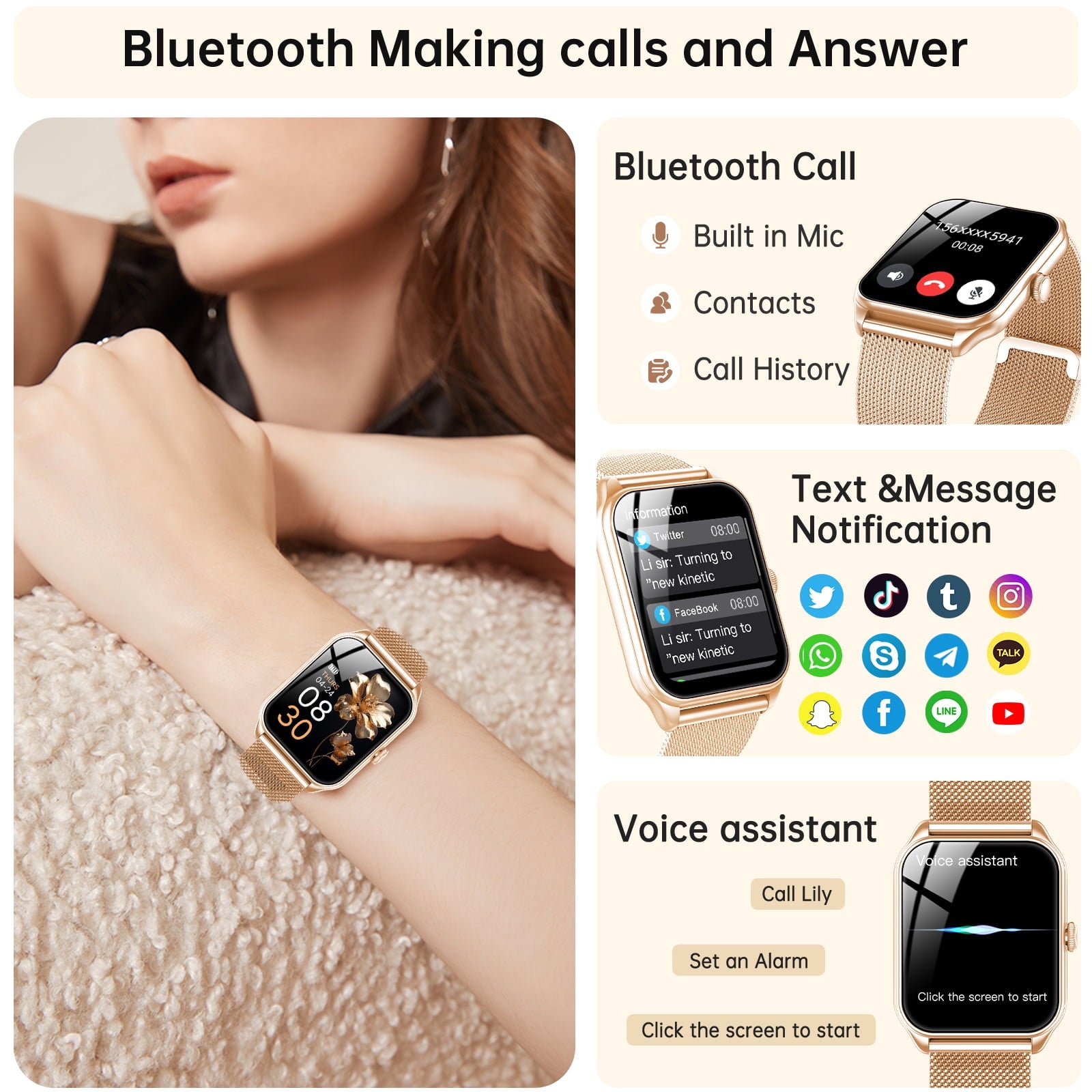 Smart Watch for Women for iPhone Android: 1.83"Smartwatch with Make/Answer Bluetooth Call IP68 Waterproof Smart Watch 120+Sport Mode 200+ Dials Fitness Tracker 2 Bands Gold Pink