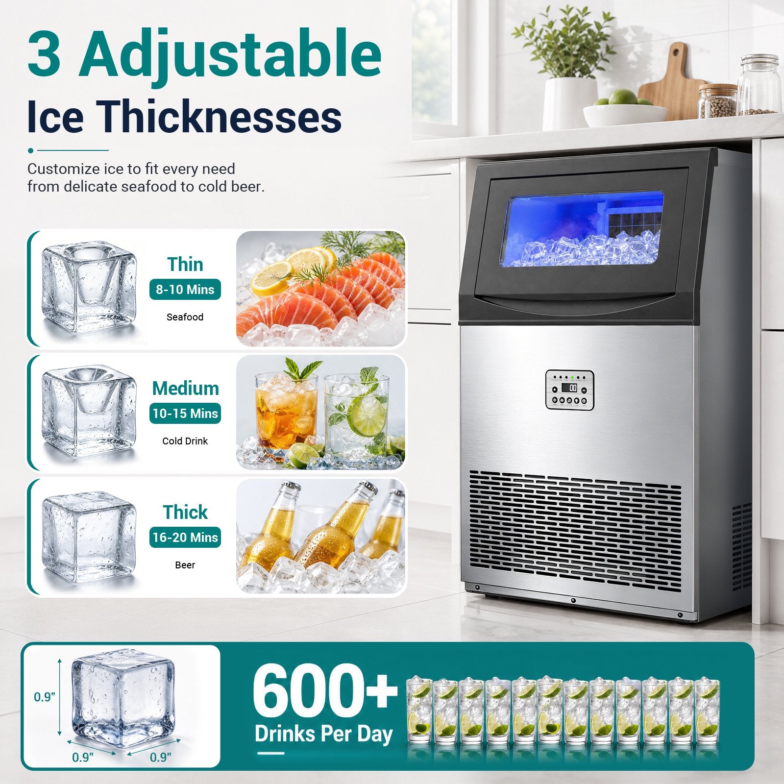 Friwest Commercial Ice Maker Machine,200 Lbs/24H with 33 Lbs Storage, 55-Cube Square Ice Maker, 15-Min First Batch, Self-Filling Water System, Stainless Steel Ice Machine for Restaurant, Bar & Shop