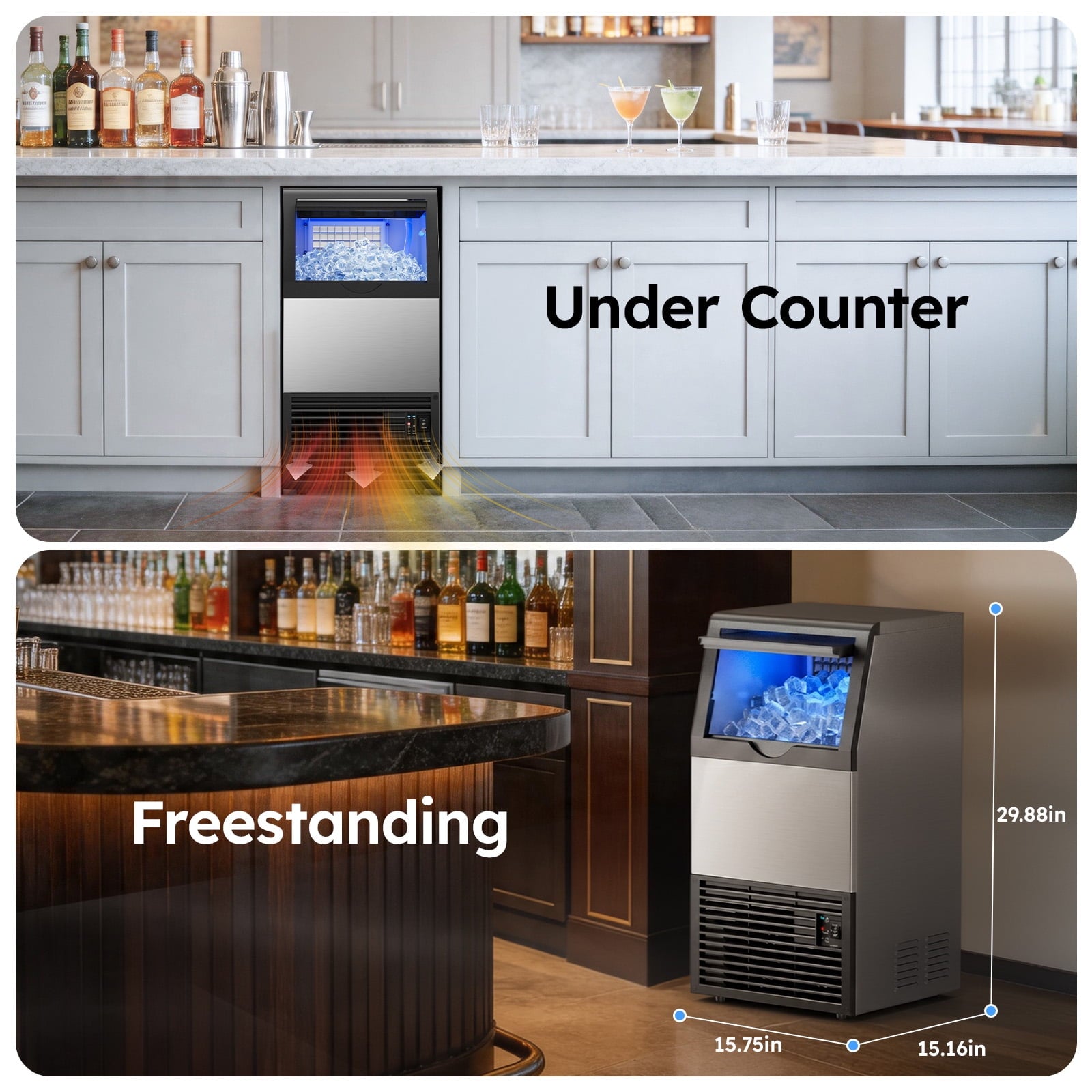 Friwest Commercial Ice Maker Machine, 150 Lbs/24H, 50 Lbs Storage Bin, 45 Cube Square Ice, Adjustable Ice Thickness, Dual Water Inlet Self-cleaning Ice Machine for Bar, Cafe, Shop & Home